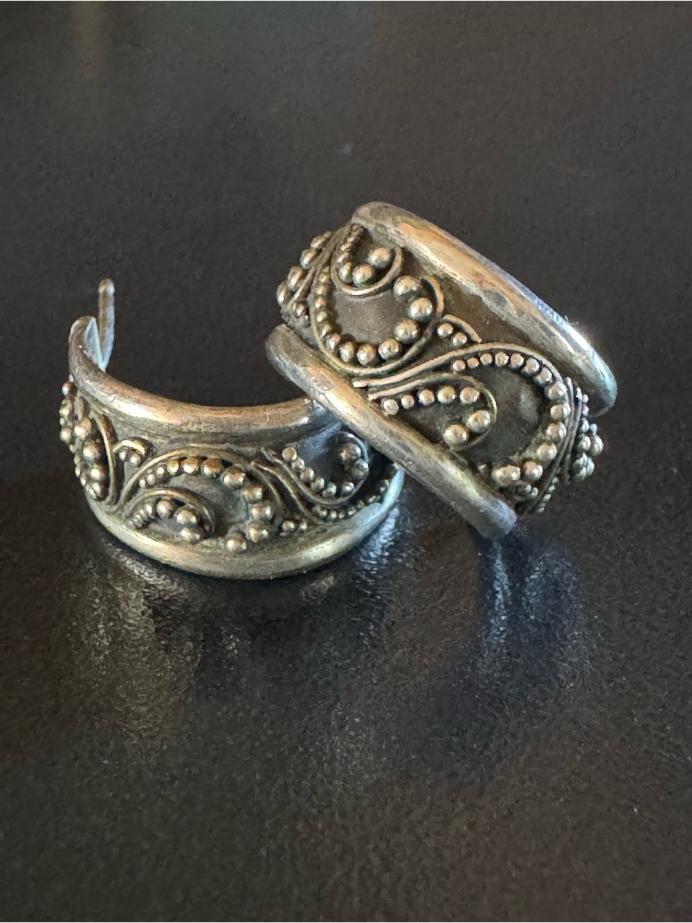 Sterling Silver Ornate Granulated Half Hoop Earrings